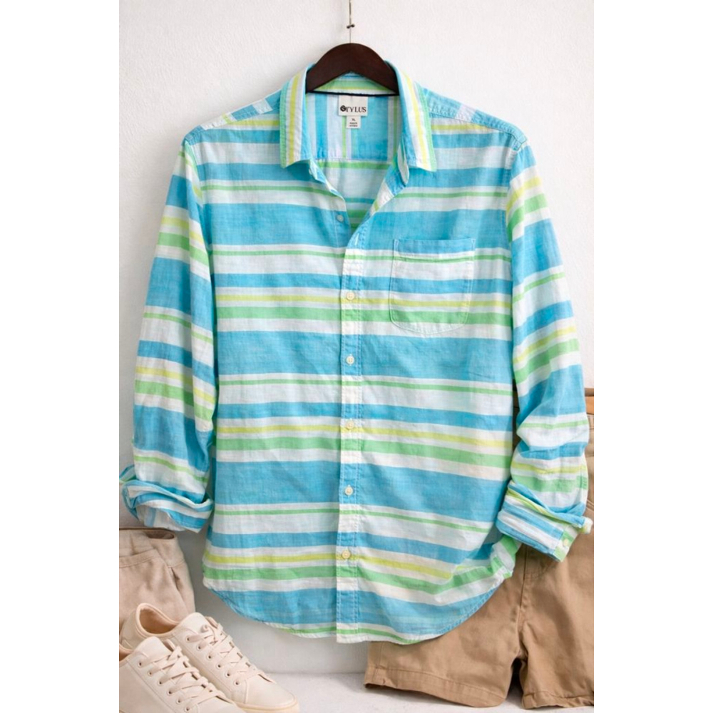 Stylus women’s XL striped 100% cotton long sleeve button up shirt blue green - Picture 2 of 10